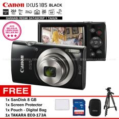 Canon IXUS 185 BLACK - Pocket Camera 20 MP 28mm Wide 8x Optical Zoom (Resmi Datascrip) + SanDisk 8 GB + Screen Protector + Pouch + Takara ECO-173A