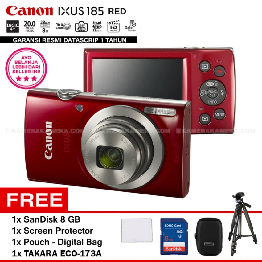 Canon IXUS 185 RED - Pocket Camera 20 MP 28mm Wide 8x Optical Zoom (Resmi Datascrip) + SanDisk 8 GB + Screen Protector + Pouch + Takara ECO-173A
