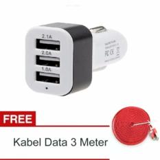 Car Charger 5.1A 3 Port Charger Hp di Mobil + Gratis Kabel Data Tali Sepatu Micro USB 3 Meter _FT