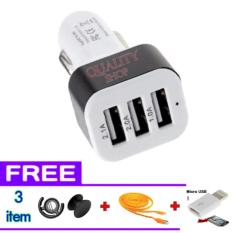Car Charger 5.1A 3 Port Charger Hp di Mobil + Gratis Kabel Data Tali Sepatu + POP Sockets + Smart Micro USB Connector to Lightning for iPhone 5/5s,6,6+,6s, iPad Air/Mini - Putih