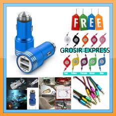 Car Charger Metal 2.1A Fast With Emergency Safety Hammer Window Breaker - Biru + Gratis 1 Kabel Data Tarik Full Warna + 1 Buah Kabel Aux Tali Sepatu Metalik