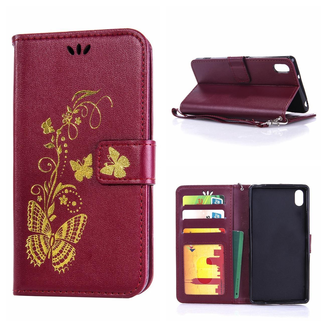 Case kulit untuk Sony Xperia Z2 Bronzing Butterfly sandal dompet berdiri dengan bingkai foto Burgundy - International