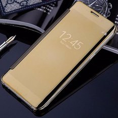 Case Samsung Galaxy A3 2017 (A320) Flipcase Flip Mirror Cover S View Transparan Auto Lock Casing Hp- Gold
