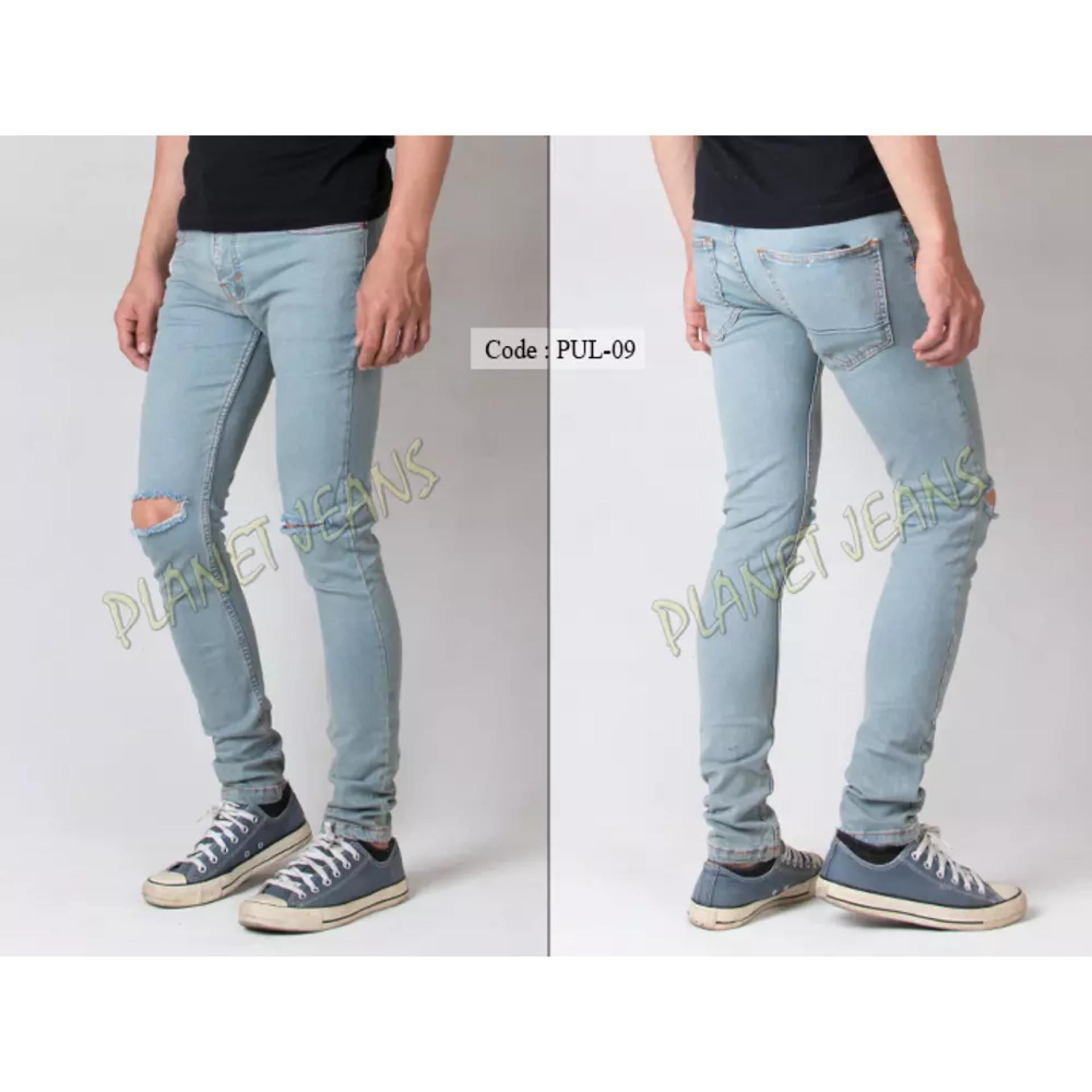 Celana Jeans Panjang Premium Robek Lutut Pria Skinny / Pensil / Denim Skiny Sobek Di Dengkul Warna Vintage Blue / Hitam / Biru Dongker Cowok 1