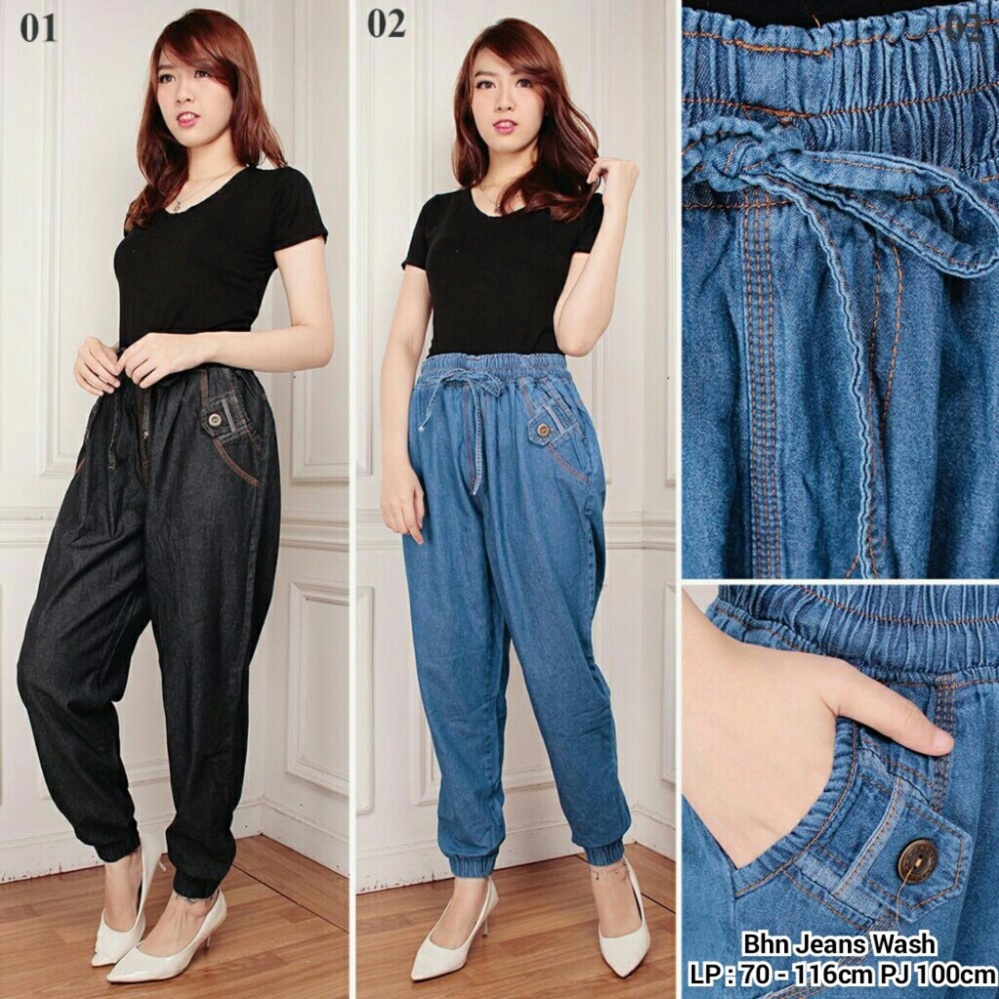 Celana joger jeans wanita jumbo long pant Sintia - biru