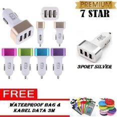 Charger Hp di Mobil - Fast Charger 5.1A 3 Port USB + Gratis Waterproof Hp + Phone Holder Car AC Mobil GPS & kabel Data 3 Meter 1 Pcs