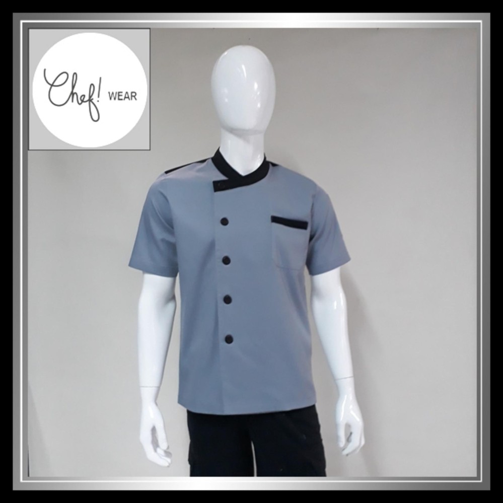Chef Wear Baju Koki Abu Leher Bulat Lengan Pendek S-XL
