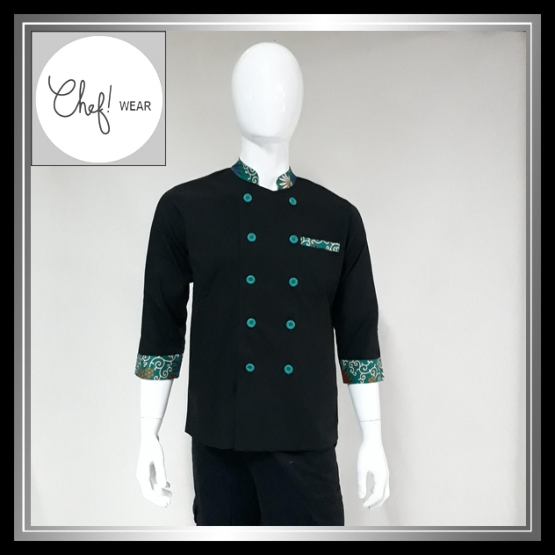 Chef Wear Baju Koki Hitam Komb Batik Hijau S-XL