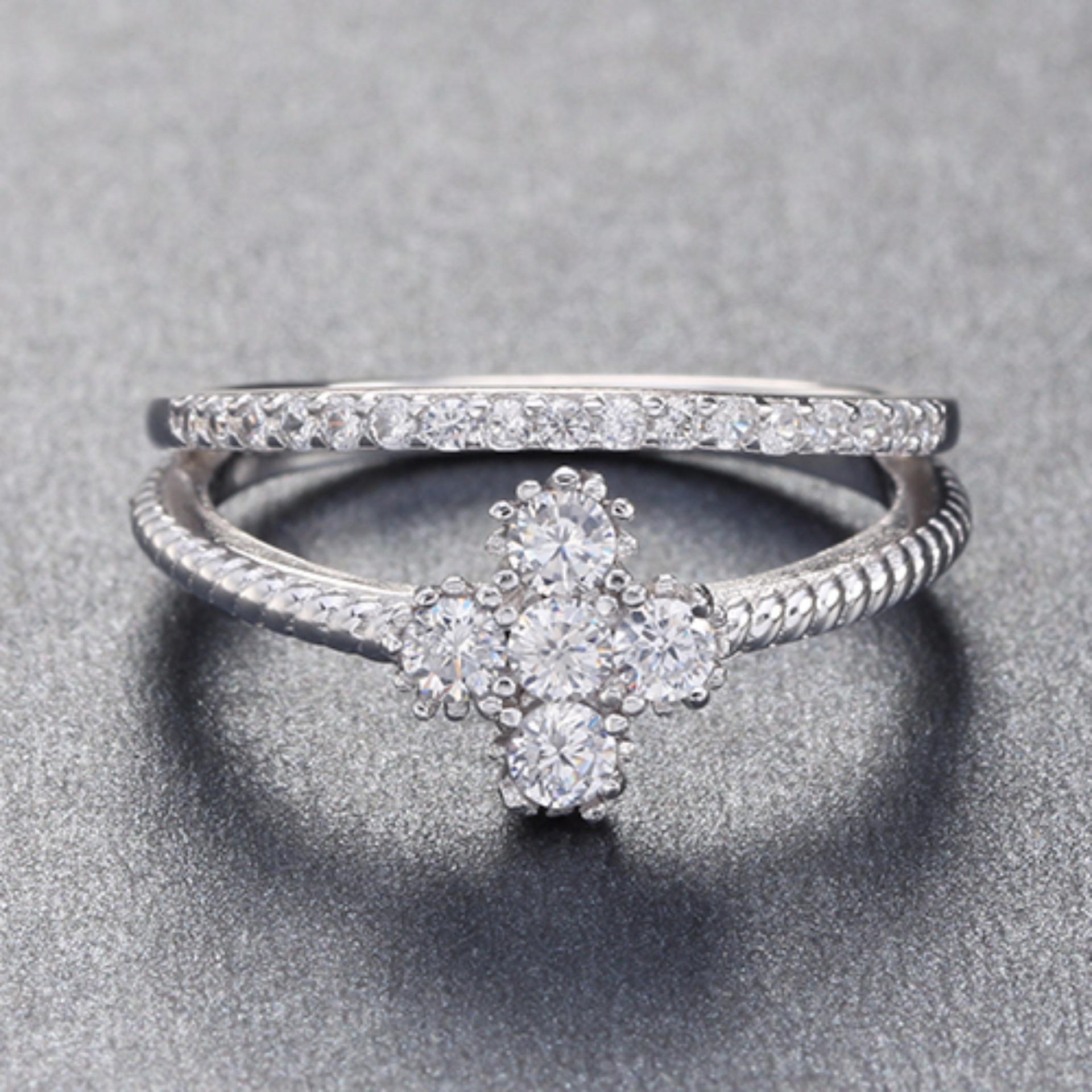 Cincin Silver Lapis Platinum Berlian Imitasi Batu Clover