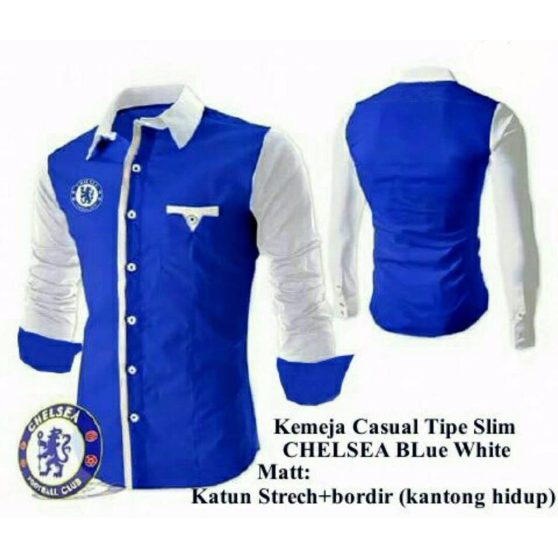 COUPLELOVER - KEMEJA BORDIR CLUB BOLA CHELSEA BLUE WHITE BAJU PRIA KEMEJA CASUAL