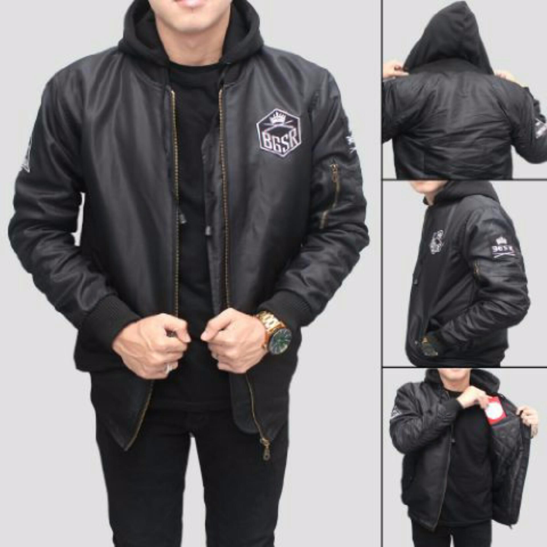 DC Jaket bomber hoodie pilot BGSR pria keren - Black - Hitam