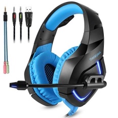 Desxz PC Gaming Headset untuk PS4 Xbox dengan 3.5mm Stereo USB LED Luminous Headphone Omnidirectional Mikrofon Volume Control untuk PC Laptop Mac PlayStation 4 (K1-B-Blue) -Intl