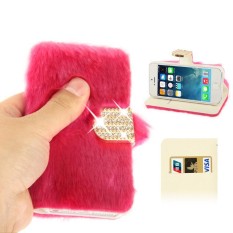 Bertatahkan Berlian Musim Dingin Hangat Bulu Kulit Case dengan Slot Kartu Kredit & Penahan untuk iPhone 5 & 5 S & se & Se (Magenta) -Internasional