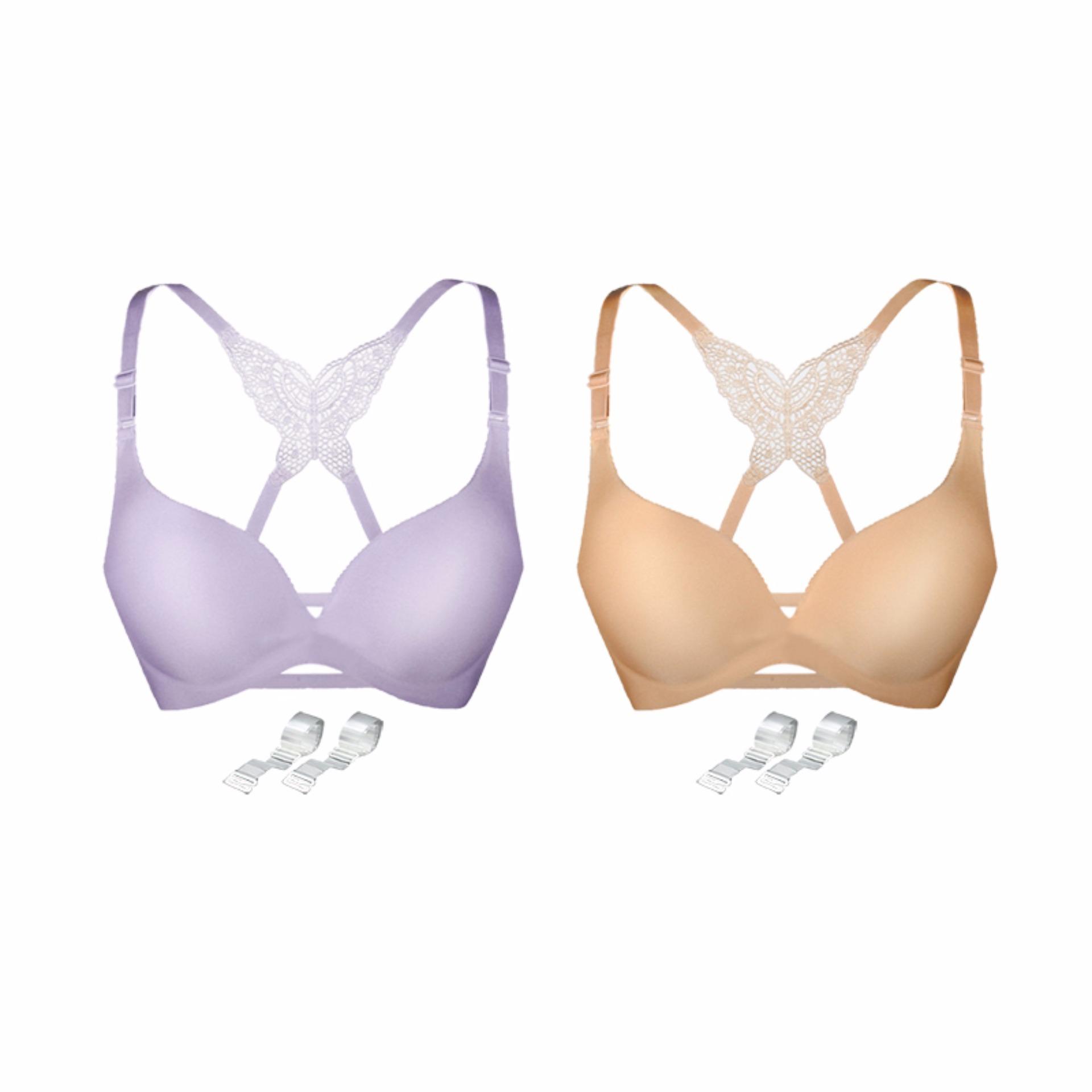 EELIC BRA-01C 2 PCS UNGU + CREAM Bra Push Up One Piece 3D Tali Punggung Kupu-Kupu Free Tali Bra Transparant