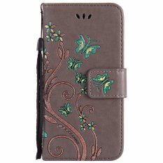 Elike Bunga Kupu-kupu Warna Percetakan Timbul Flip Kasus Kulit Cover untuk IPhone 6 Plus (Abu-abu)-Intl