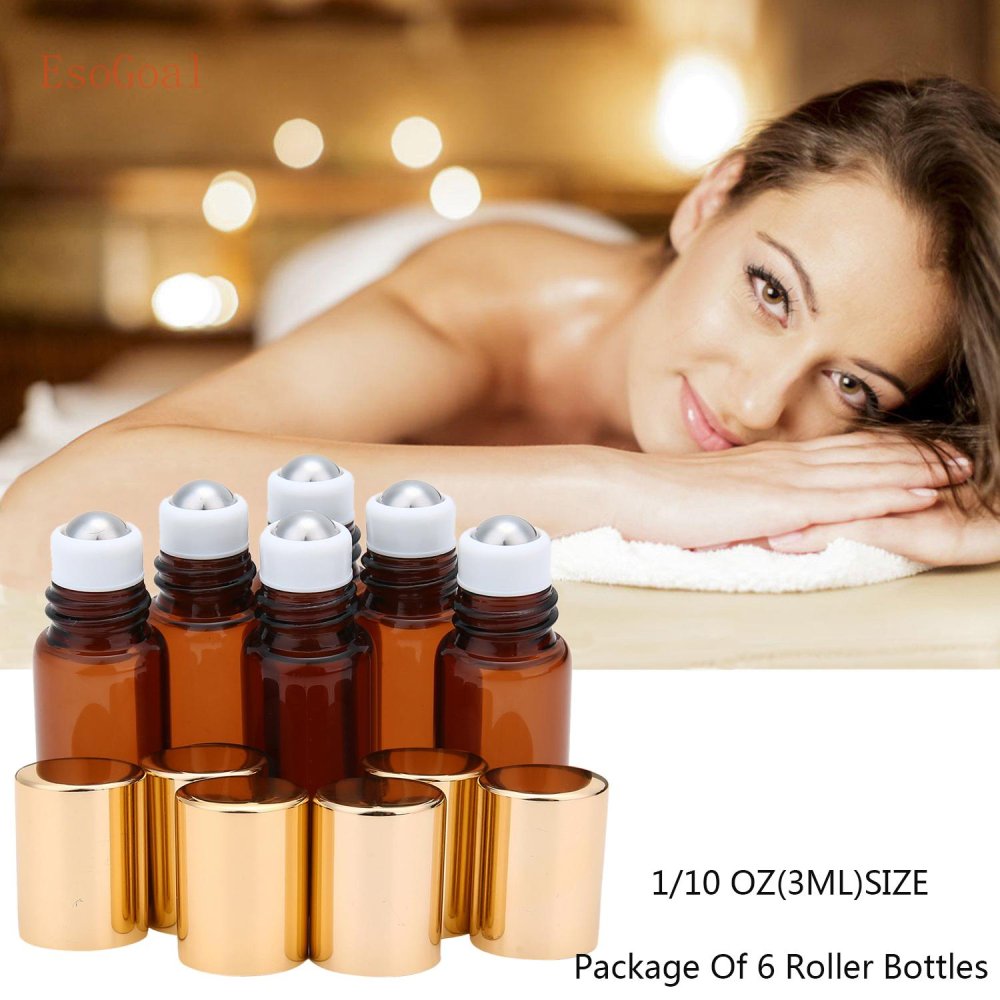 EsoGoal 3 Ml Amber Glass Roll-on Botol dengan Bola Roller Stainless Steel untuk Minyak Atsiri, Aromaterapi, Parfum dan Balsem Bibir, Set 6-Intl