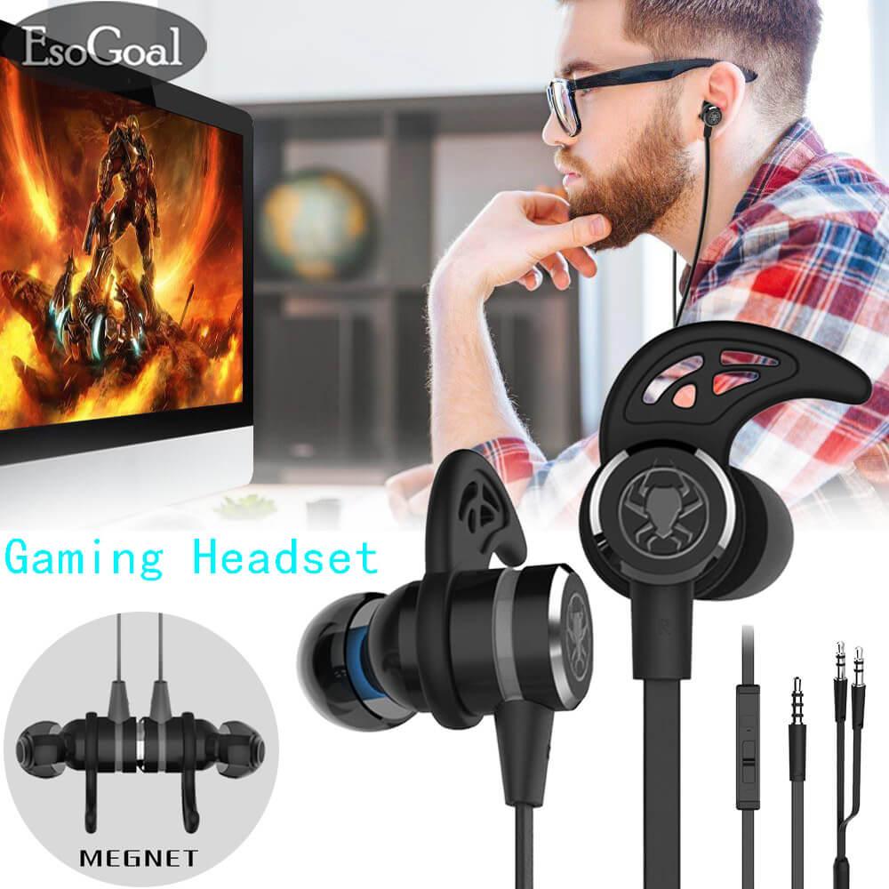 EsoGoal Wired Magnet Earphone Kebisingan Membatalkan Stereo Bass Gaming Headphone dengan Mic, 3.5mm HIFI Earbud dengan Kabel Ekstensi dan PC Adaptor untuk PC, Laptop dan Ponsel