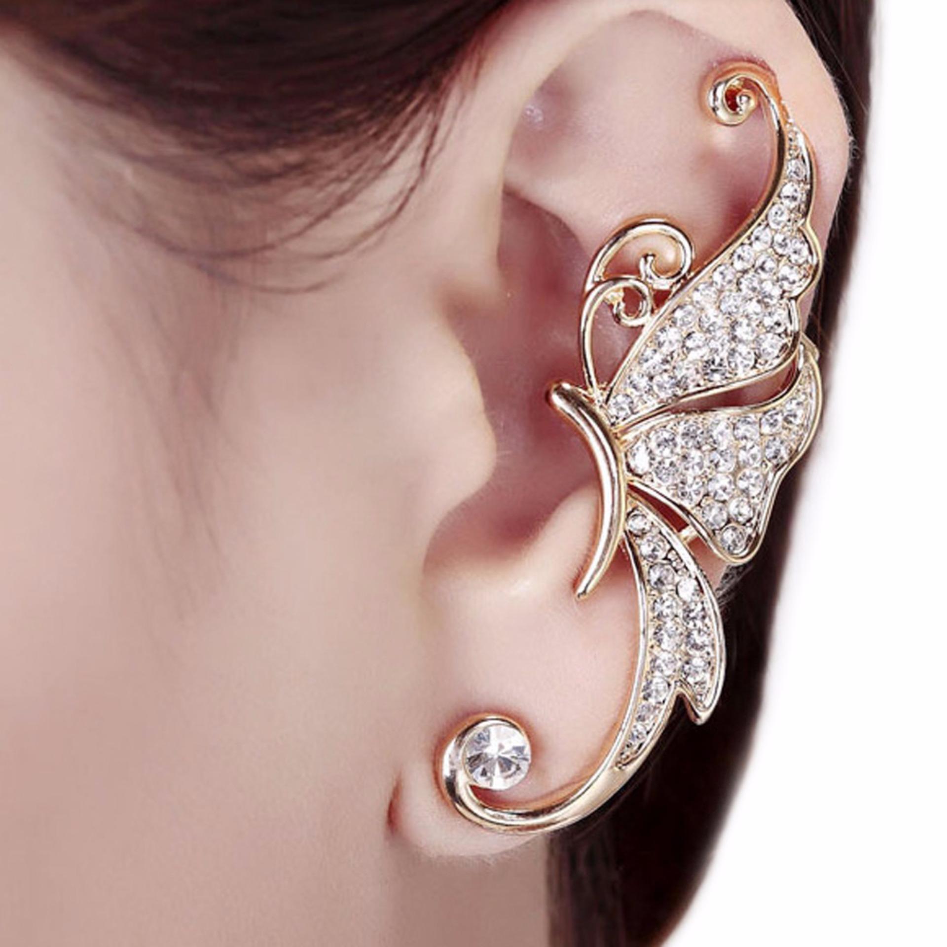 Fancyqube 1 PC Shiny Womens Sayap Kupu-kupu Bentuk Telinga Kiri Klip Clamp Earrings EAR-0485 Gold + Putih- INTL
