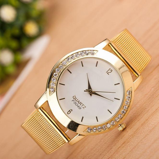 Fashion Wanita Kristal Gold En Stainless Steel Analog QUARTZ Wrist Gelang Jam Gold Gratis Pengiriman-Intl