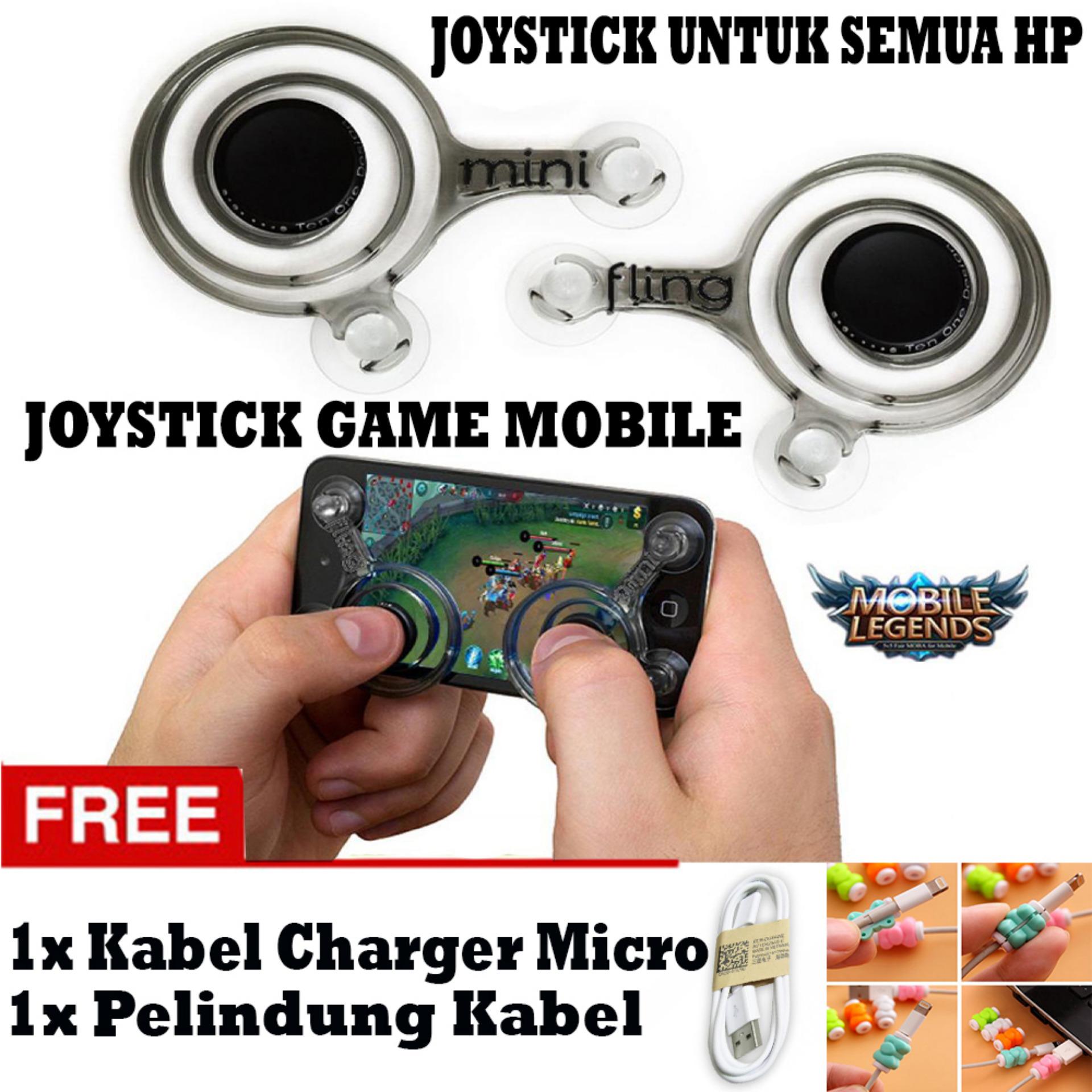 Fling Joystick High Quality isi 2pcs Mini Mobile Controller Game Pad Mobile Legend AOV Vainglory for iPhone Samsung Xiaomi Sony Oppo LG Lenovo Nubia Smartphone Tablet iOS Android Windows - Hitam + Gratis Pelindung Kabel + Kabel Charger Micro