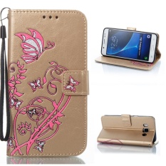 Flip A Busana Warna Pola Kupu-kupu (PU Kulit dan TPU) Stan Fungsi Pelindung Dompet Ponsel Case untuk Samsung Galaxy J510FN/J5 (2016) 5.2 