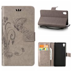 Flip Leather Case Cover untuk SONY Xperia M4 Aqua Dompet Pemegang Kartu Vintage Emboss Butterfly Kulit Stand Grey-Intl