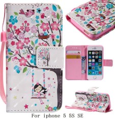 untuk IPhone 5 5 S SE Gadis Pohon Burung Dompet Kulit Berkualitas Tinggi Flip Kartu Slot Case Cover-Intl