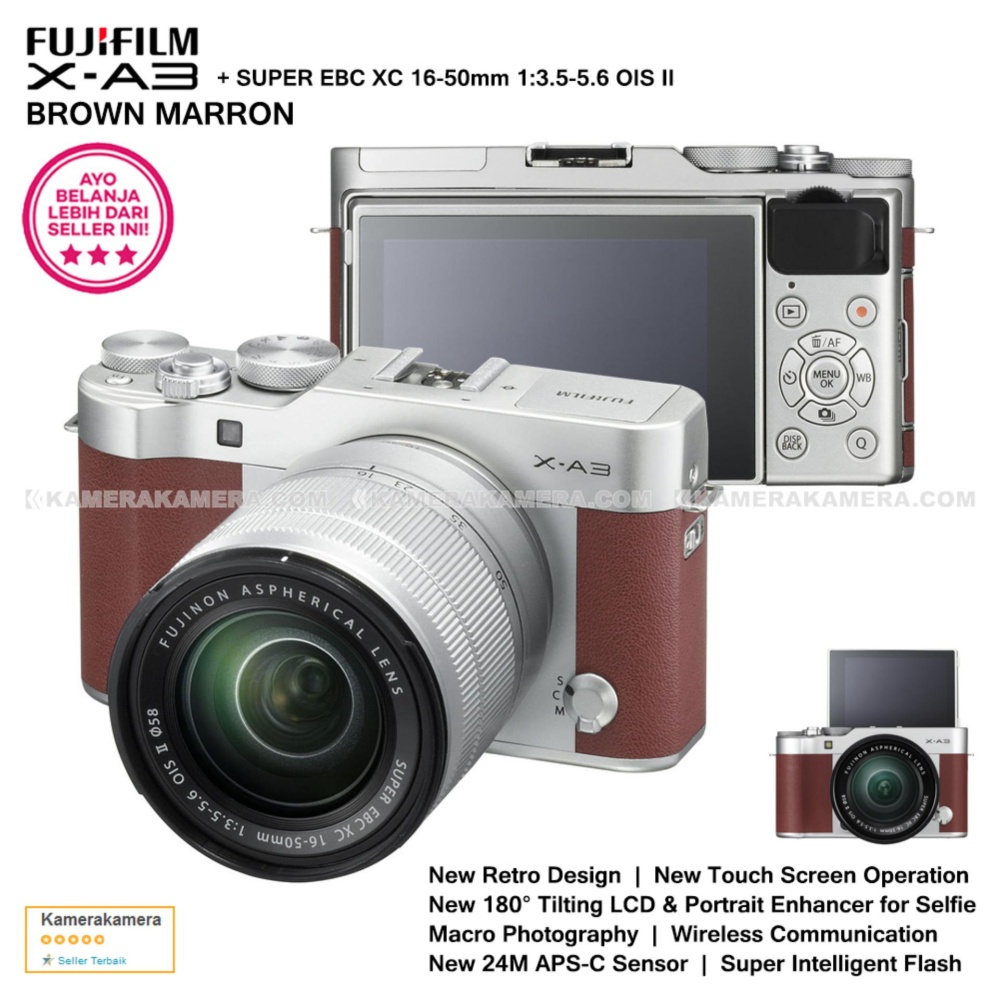 FUJIFILM X-A3 Brown Marron XC 16-50mm WiFi 24MP Touchscreen LCD Mirrorless Camera