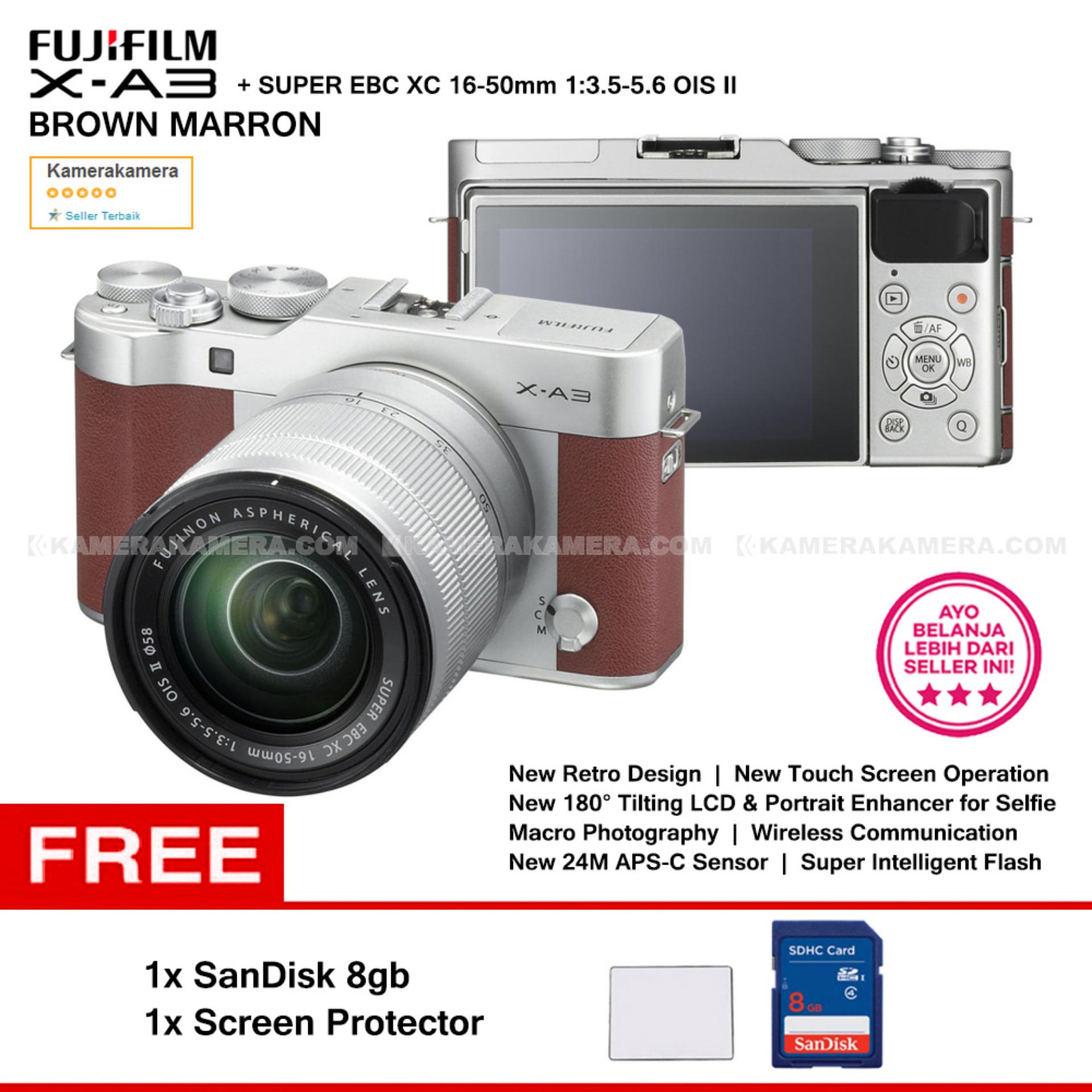 FUJIFILM X-A3 Brown Marron XC 16-50mm WiFi 24MP Touchscreen LCD Mirrorless Camera + SanDisk 8gb + Screen Guard