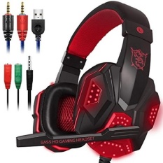 Gaming Headset dengan Mic dan LED Light untuk Komputer Laptop. Ponsel. PS4 dan Anak Di. DLAND 3.5mm Isolasi Kebisingan Kabel Gaming Headphone-Pengatur Suara. (Hitam dan Merah)-Intl