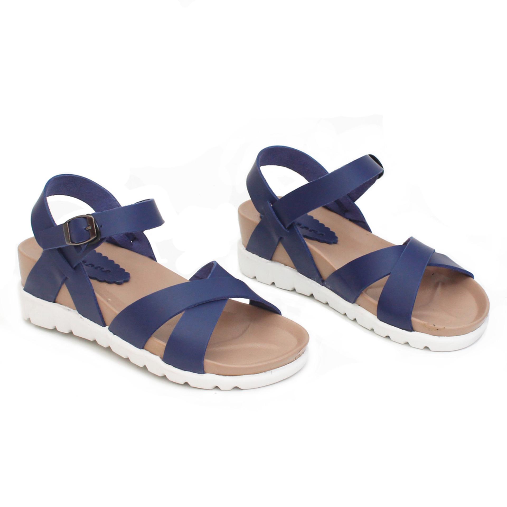 Pluvia - Glebova Sandal Selop Platform Wedges Wanita Strappy Cross AKT30 - Navy