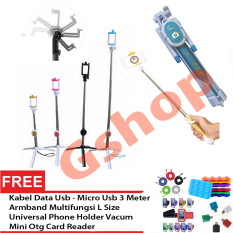 Gshop Tongsis 3 in 1 Selfie Stick Built In Bluetooth Tripod + Armband L Size + Mini OTG + Phone Holder Vacum + Kabal Data 3 Meter