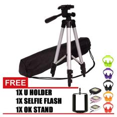 GStation 3110 Portable Tripod Stand 4 Section Aluminium Legs With Brace Free Holder U, OK Stand Holder, Lampu Selfie Flash
