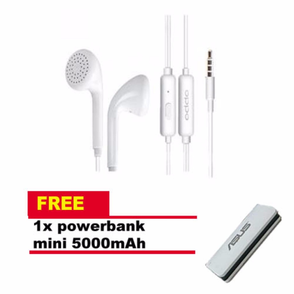 Handsfree OPPO MH133 Stereo In Ear Original Headset / Earphone For All Phone Model Stereo Bass Portable Handsfree - White / Putih + Power Bank 5000mAh 