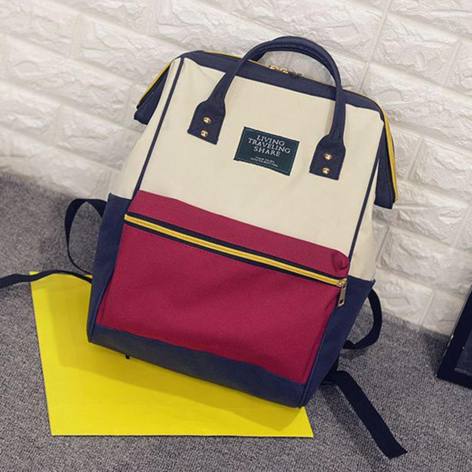 Hangkingkong - Tas Ransel Wanita Korea Besar Muat Banyak Model Jepang Kekinian - RedMix / Warna Putih Dengan Aksen Merah Dan Biru