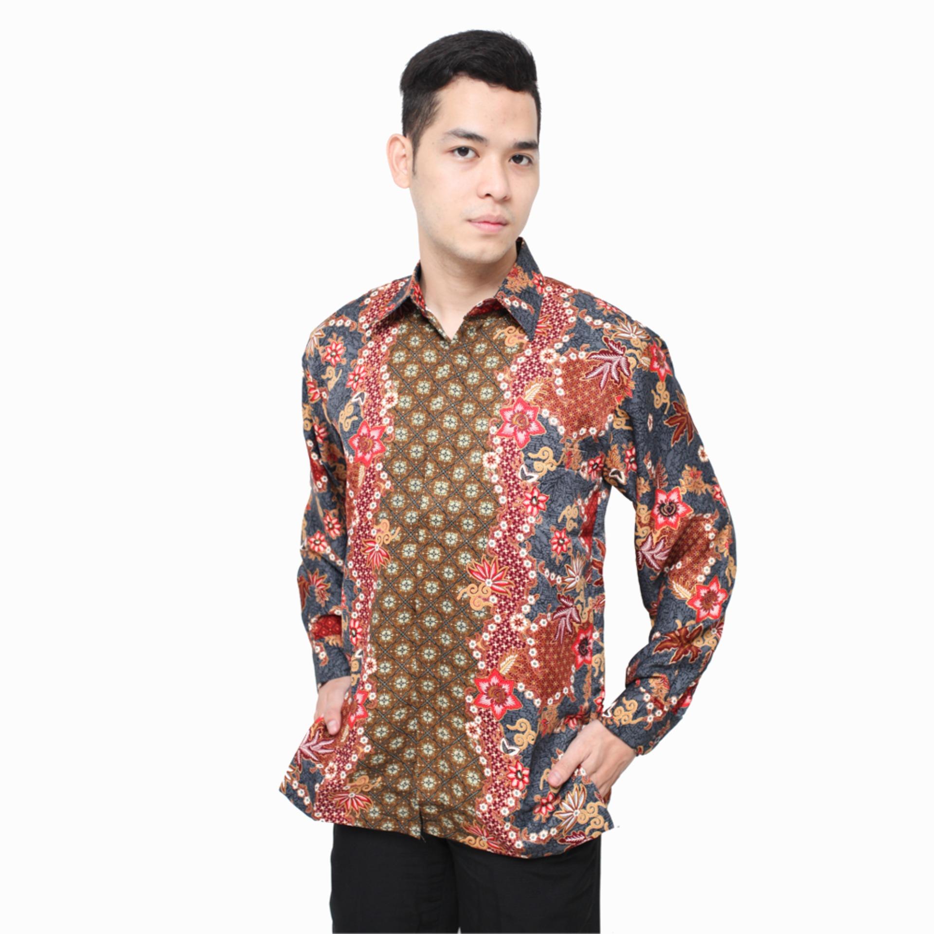 Hansen & Lisa Kemeja Batik Sutra Lengan Panjang Flowerline - Abu Abu