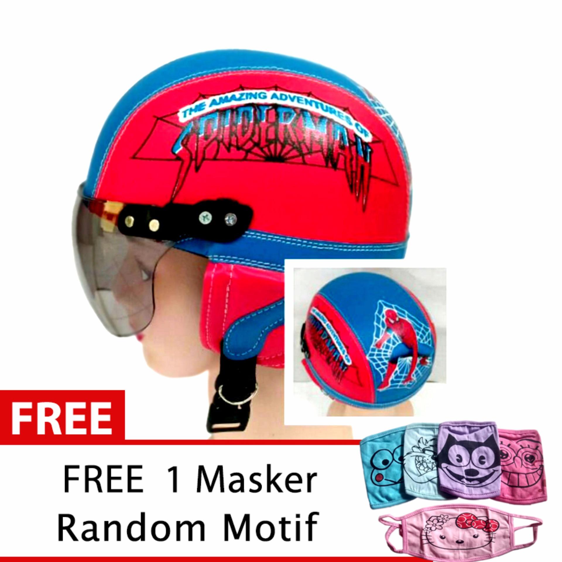Helm Anak Retro Usia 1- 4 Tahun Motif Spiderman - Merah/Biru + Free Masker