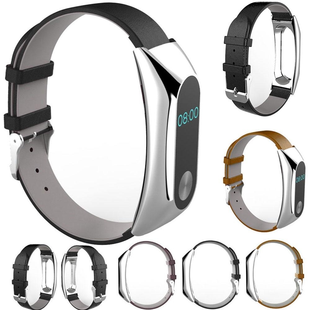 High Tech mewah kulit penggantian Band Strap + logam case untuk Xiaomi Mi Band 2