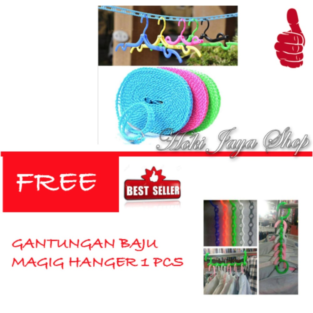 HOKI COD -  Tali Jemuran 5 meter Serbaguna - Baju Handuk Hanger - Gantungan Baju - 1 Pcs Multi Colour FREE Gantungan Baju Magic Hanger - 1 Pcs