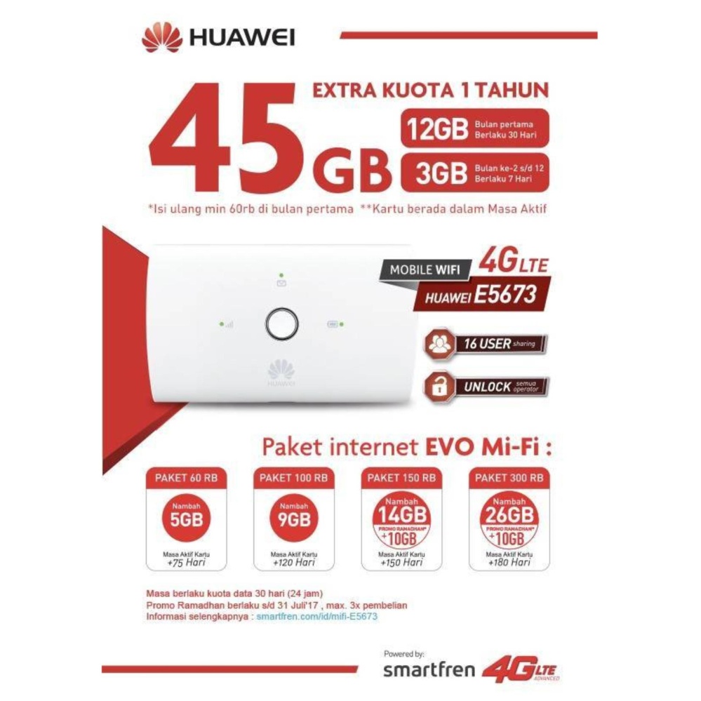 Huawei E5673 Mifi Modem Wifi Router 4G UNLOCK Free Smartfren 45Gb 1Thn