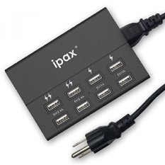 Ipax Power U8 MultiPort Smart Charging Station with 8-Port USBHuband 6Ft Long Grounded Power Cord 50W 10A Family Sized UniversalUSBCharger Adapter for Multiple Devices (Black + 6 Ft Power cable)