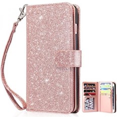 IPhone 8, Kasus Dompet IPhone 7, Dailylux Kulit Premium PU + TPU Inner Shell Flip Case dengan 9 Kartu Slot Luxury Blin Cover untuk Apple IPhone 7 (2016) /iPhone 8 (2017) Wanita/Perempuan-Glitter Rose Emas-Intl