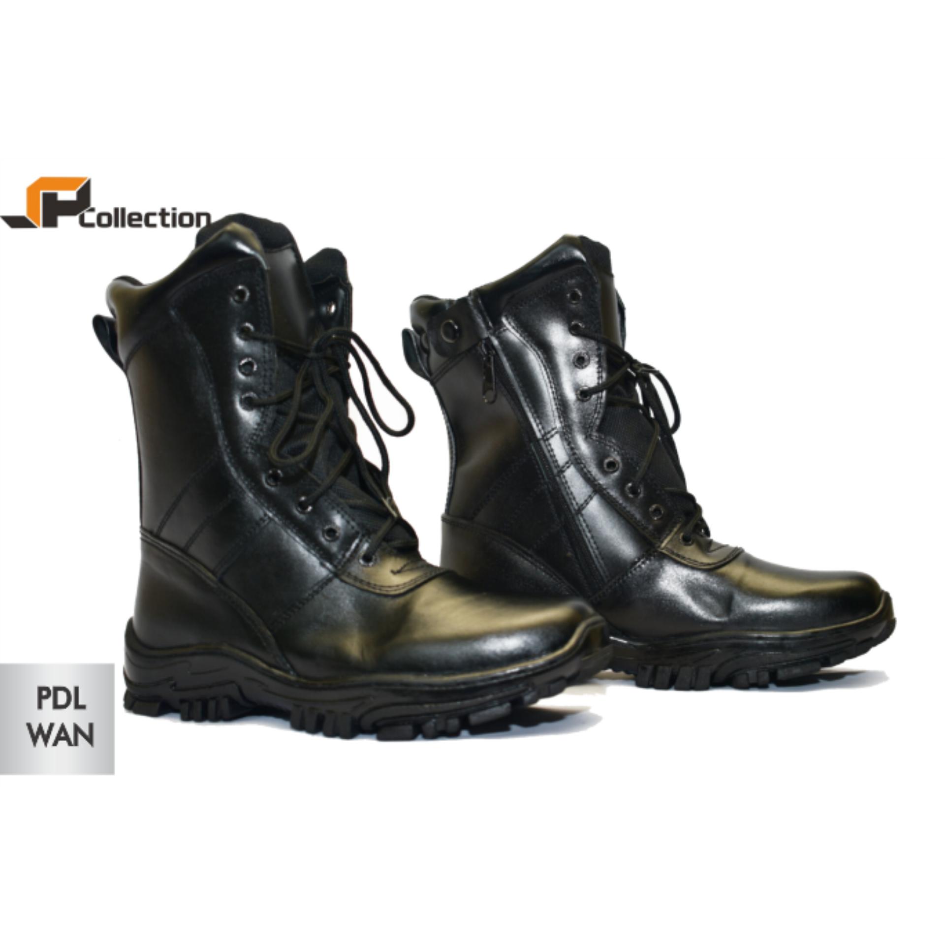 JAFERI Sepatu Kulit PDL Wan Warna Hitam Bahan Kulit Sapi Asli Kelas 1 Tersedia Sepatu Big Size / Jumbo 44 - 47 Model Tali Reseleting Standart TNI, Cocok Untuk POLRI, Security, Untuk Touring, Biker, Hiking, Dll