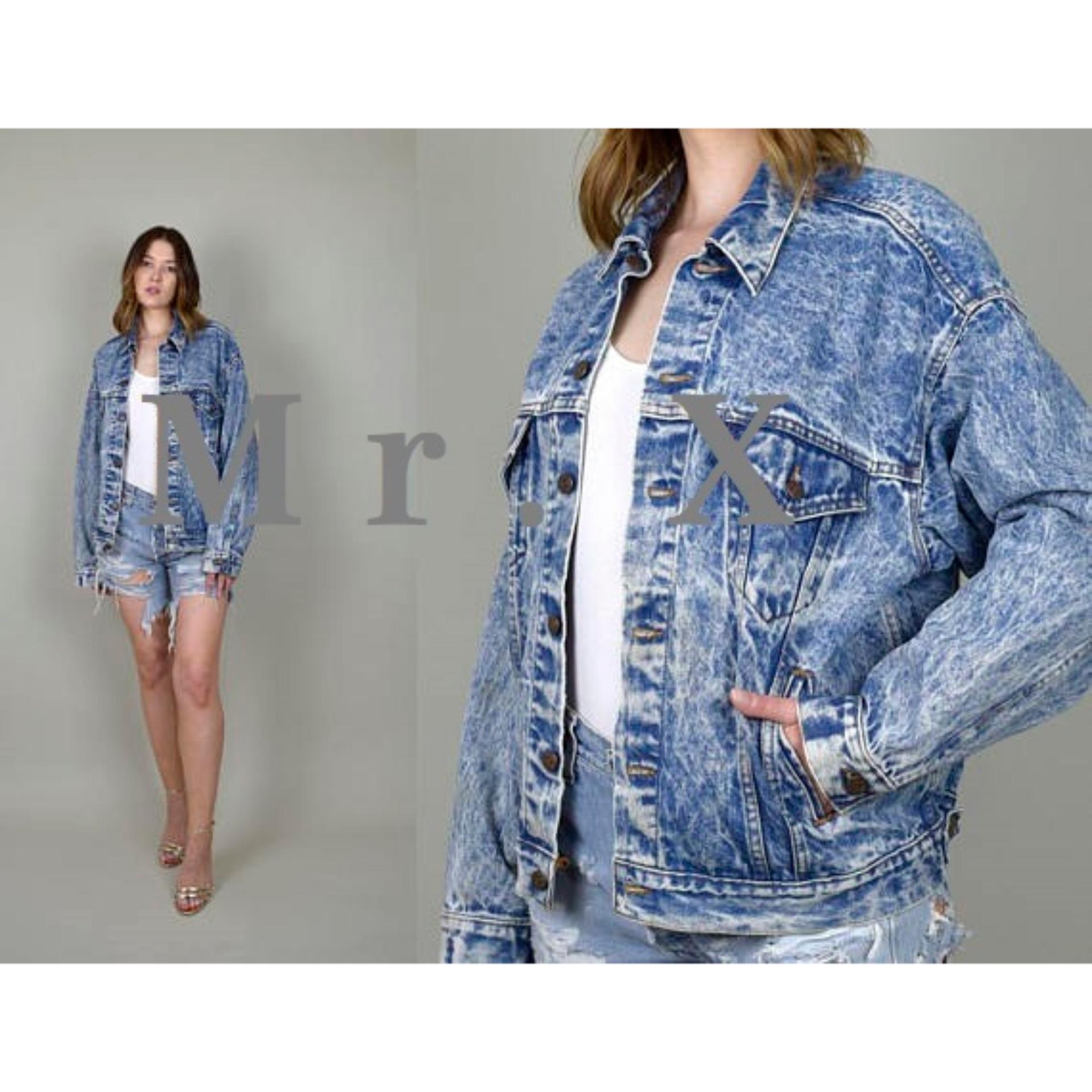 JAKET JEANS DENIM OVERSIZE WANITA Blue AcidWash (Biru Serpihan Putih) PREMIUM QUALITY by Mr. X