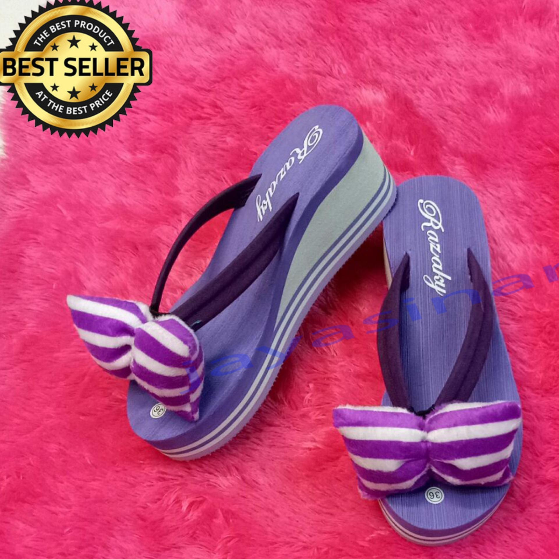 Sandal Spon Wedges Wanita Garis motif Model Terbaru Murah-JY