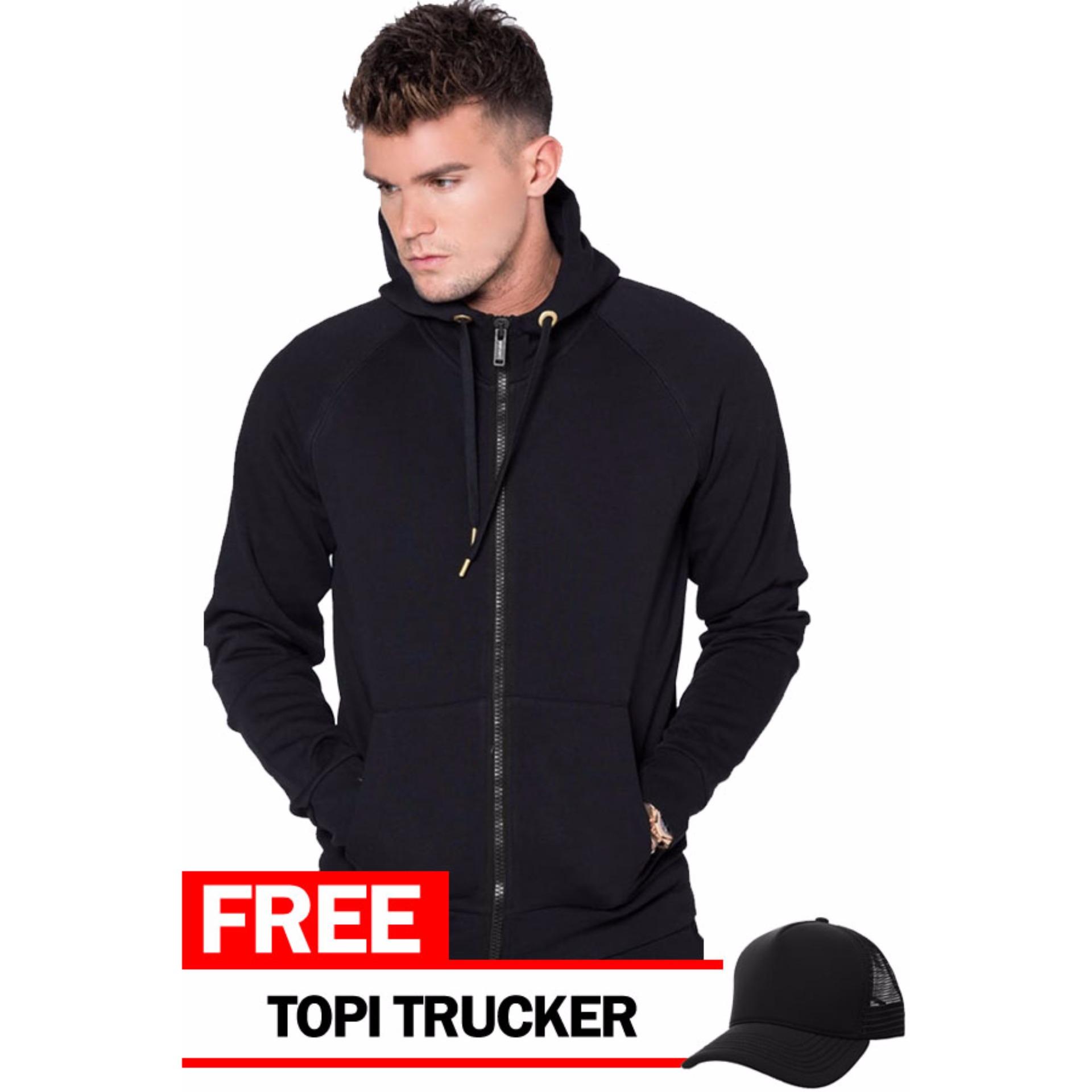 Just Cloth Jaket Zipper Polos Hitam + Free Topi Trucker Hitam
