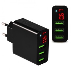 Justgogo 3A Ponsel Smart LED Display 3 USB Port Cepat Wall Charger Travel Power Adapter Black EU Plug- INTL