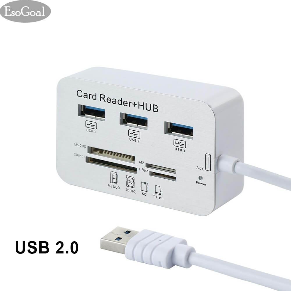 JvGood Pembaca Kartu SD Micro USB 2.0 SD Card Reader Universal 3 Port External Multi High Speed Memory Card Reader with SDHC / T-Flash(TF) / MS DUO / M2 Port for PC Laptop Mac