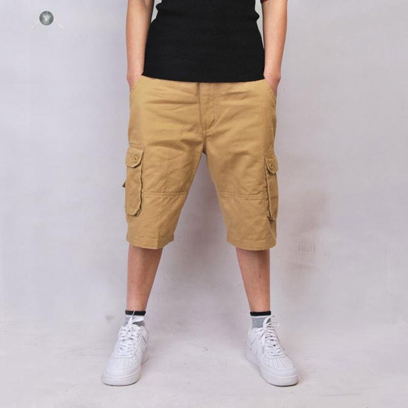 Kasual Celana Pendek Kargo Lutut Panjang Mendaki Gunung Latihan Shorts Cotton Multi Pocket-khaki- INTL