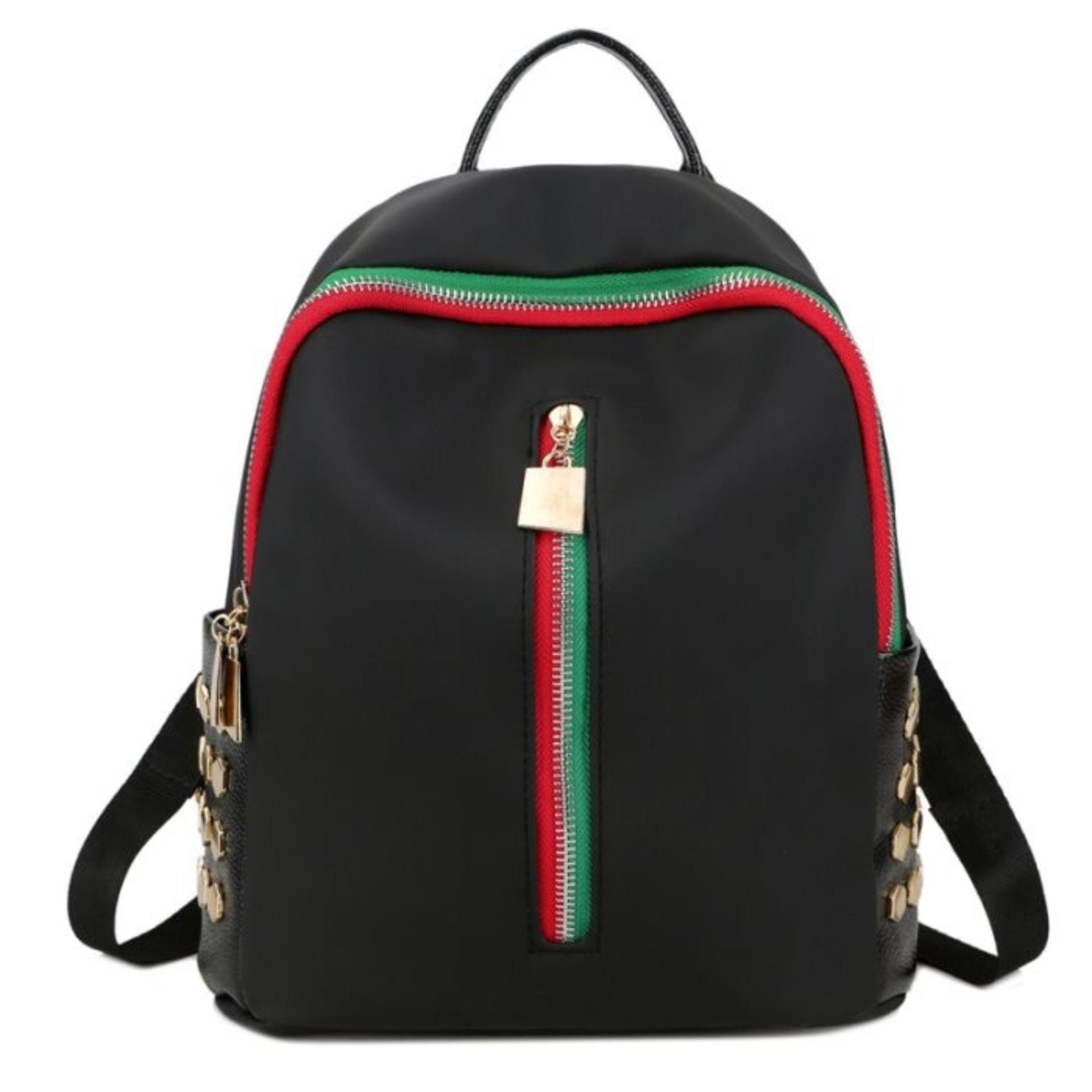KGS Tas Ransel Mini Backpack Wanita Casual Red Green Vertical Zipper Hitam